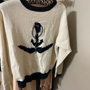 Jones New York Cream and Navy Anchor Sweater